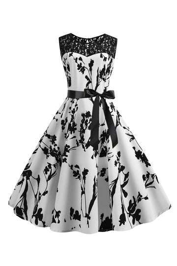 Sin Mangas Estampado Blanco 1950s Vestido Con Faja